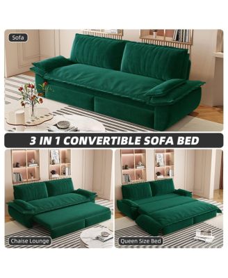 73.2" Queen Pull-Out Sofa Bed – 3-in-1 Convertible Velvet Sleeper with Chaise Lounge for Living or Guest Room