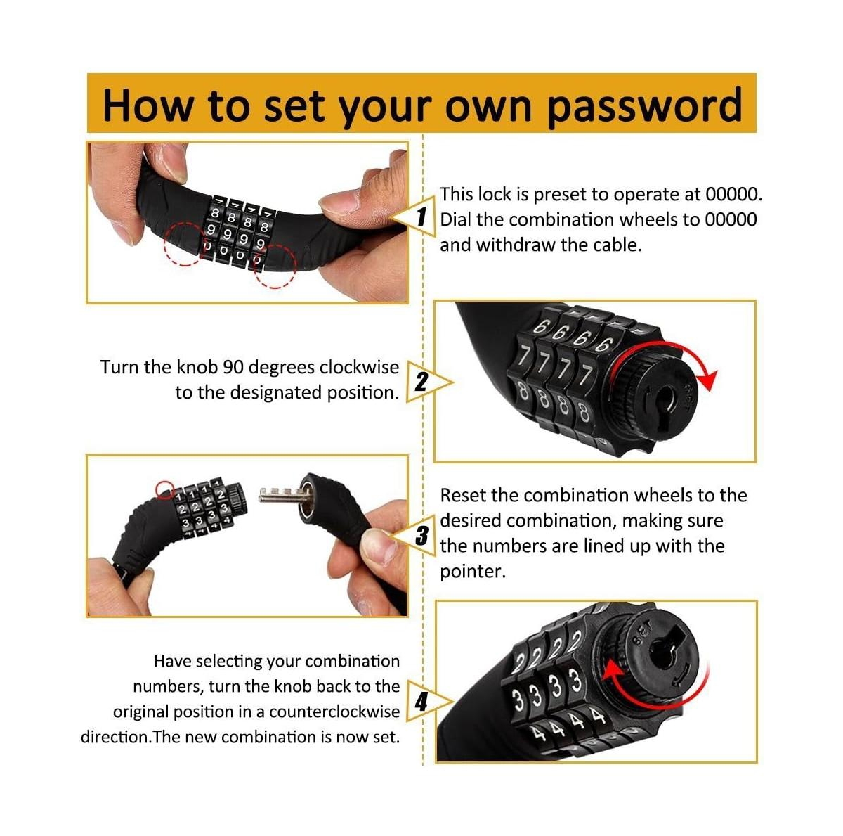 Batfox Bike Lock with 4-Digit Adjustable Combination Cable , 2Ft x 1/2 Inch