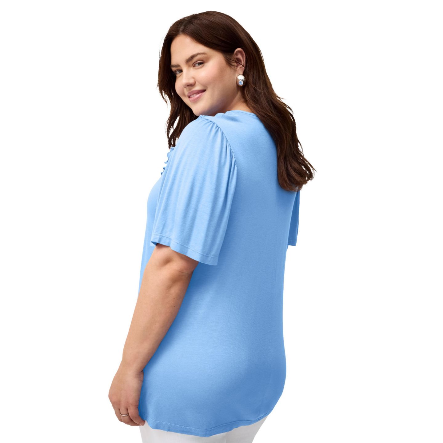 Женский топ ellos Ruffle Neckline Flutter Sleeve Tunic, цвет: Синий — фото 2