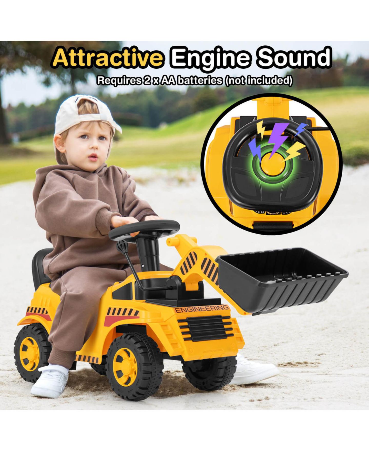 Детская игрушка Costway Ride-On Bulldozer with Adjustable Bucket & Engine Sound, 33 lb. Capacity, Ages 19-36 Months, цвет: Жёлтый — фото 9