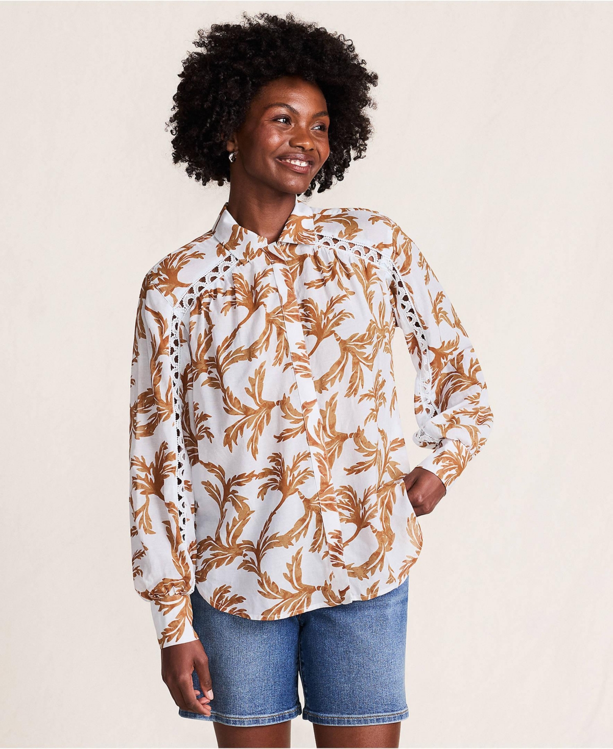 Lands' End Women's Voile Shirred Trim Insert Shirt