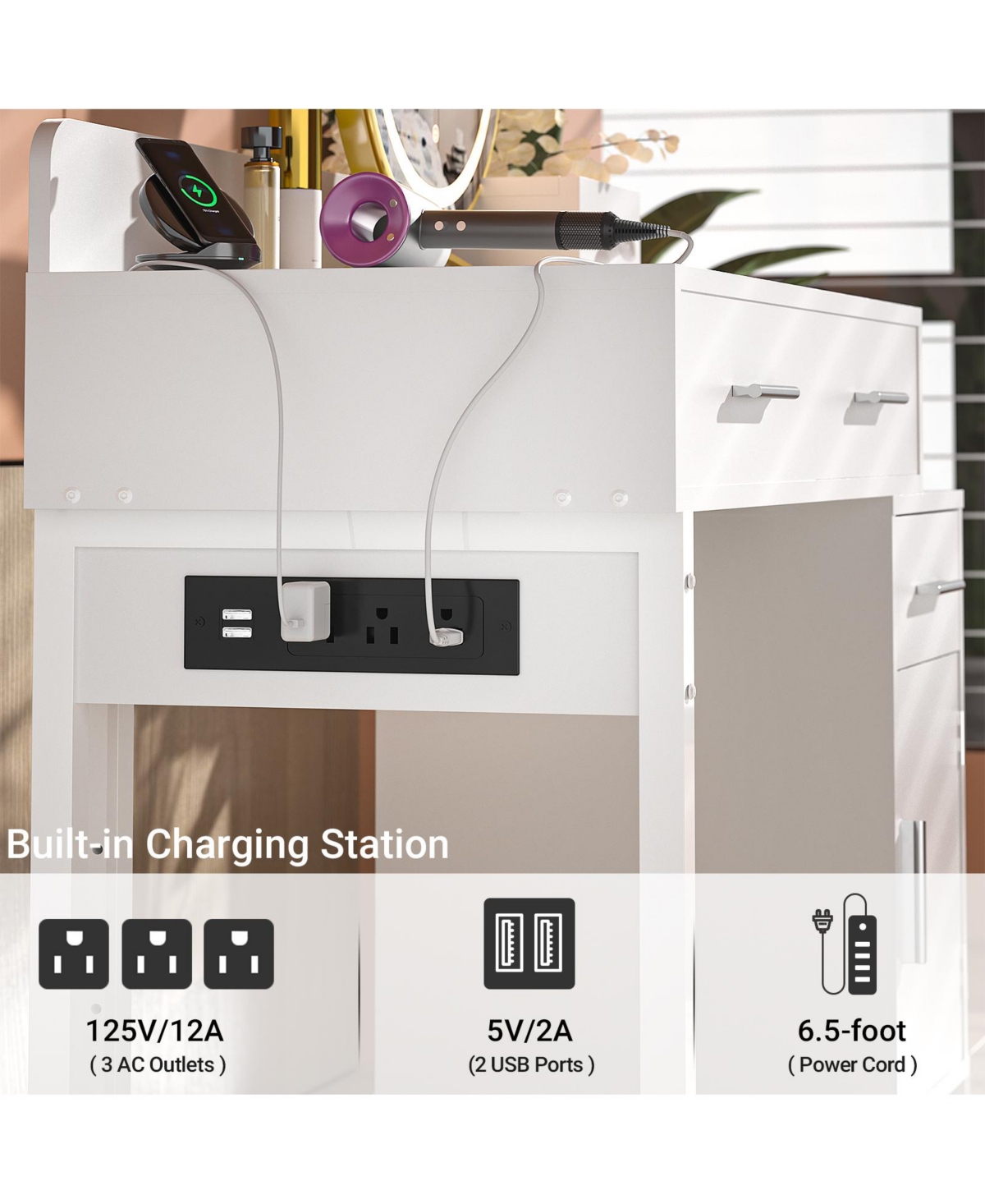 Aheaplus Makeup Vanity Desk with 4 Drawers and Cabinet, Dressing Table with Outlets for Small Space
