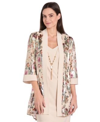 Women's 2-Piece Foil Printed Fingertip Jacket Dress with Solid Tank and Detachable Necklace