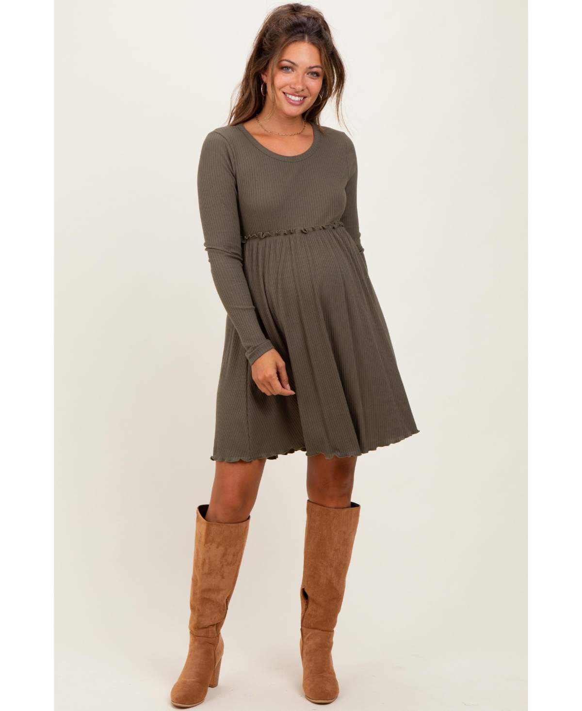 Pinkblush Maternity Olive Ribbed Knit Long Sleeve Crewneck Shirring Mini Dress