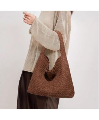 Brown and Espresso Suede Woven Hobo Bag Large Slouchy Shoulder Tote Handbag for Women Soft Braided Texture Work Purse