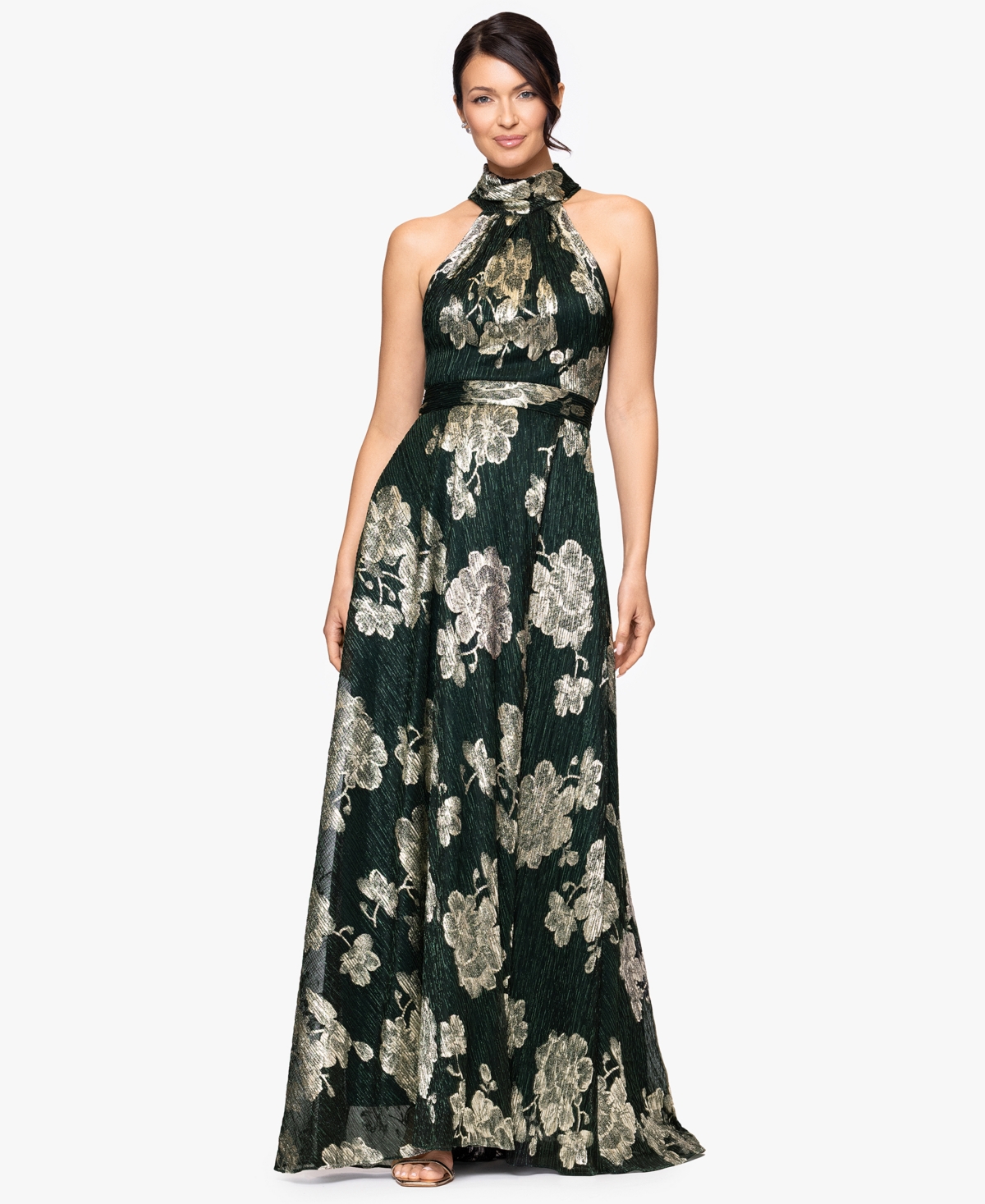 Betsy & Adam Crinkle Metallic Floral Gown In Brown
