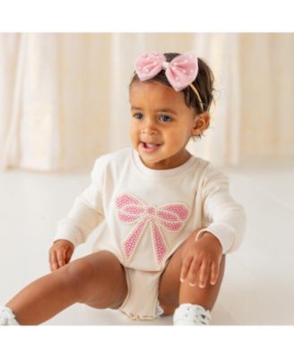 Baby Girls Pearl Bow Patch Long Sleeve Romper