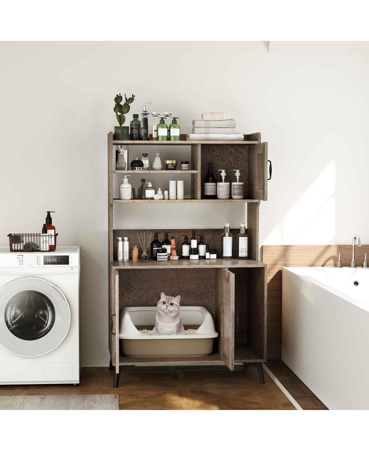 Gymax Large Cat Litter Box Enclosure w/ Display Storage Shelves Hidden Cat Furniture