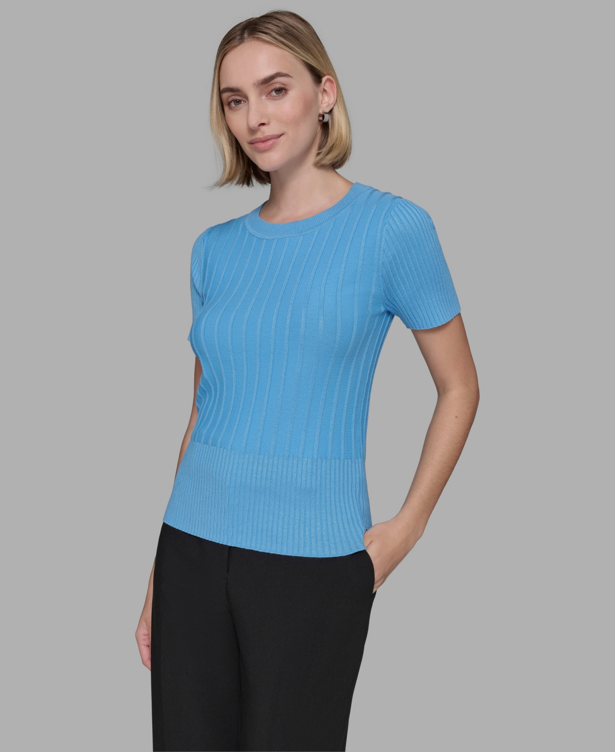 Karl Lagerfeld Women's Ribbed Short-sleeve Sweater In Blue