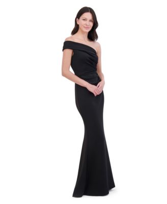 Women's Asymmetric-Neck Side-Pleat Scuba Gown