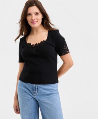 Women's Knit Short-Sleeve Lace-Inset Top