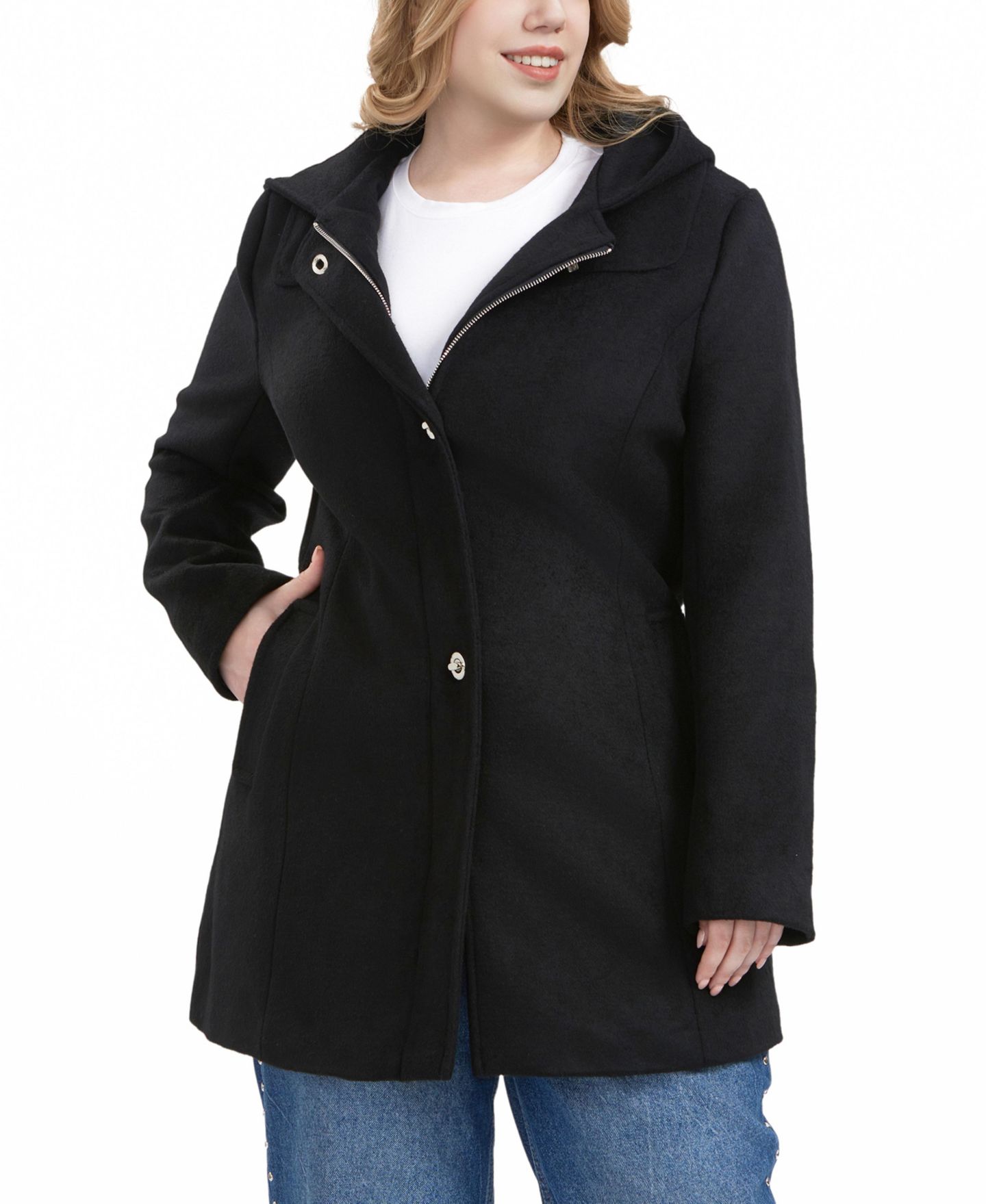 Женское пальто BGSD Plus Size Hooded Wool Blend, цвет: Чёрный — фото 2