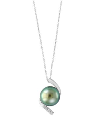 Black Tahitian Pearl (11-12mm) and Diamond Pendant Necklace (1/20 ct. t.w.) in Sterling Silver