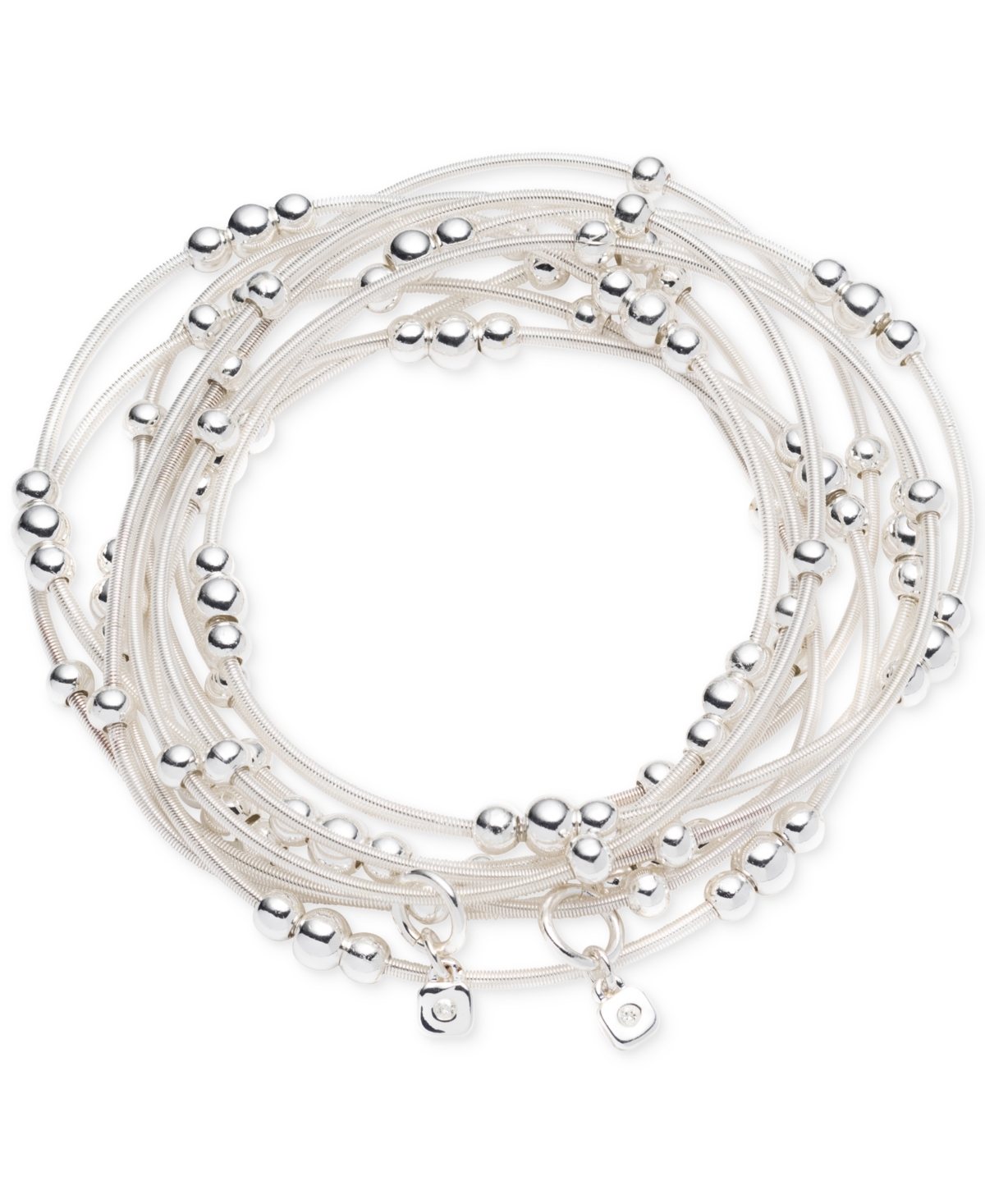 Nine West Silver-tone White Cord Multi-row Beaded Stretch Bracelet In Silver