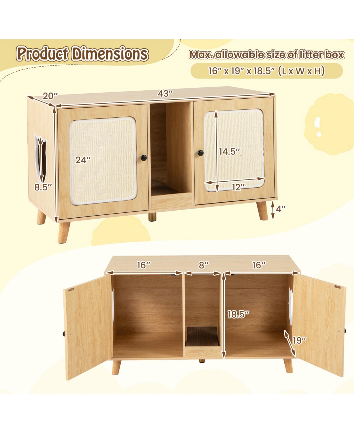 Gymax 43'' Cat Litter Box Enclosure for 2 Cats w/ Double Rooms Sisal Scratching Mats