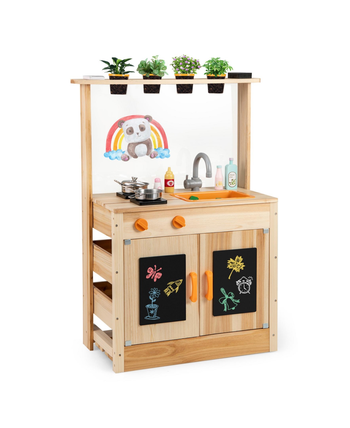 Sugift Kids Mud Kitchen Fir Wood Playset With Planting Pots And Blackboards-Natural.