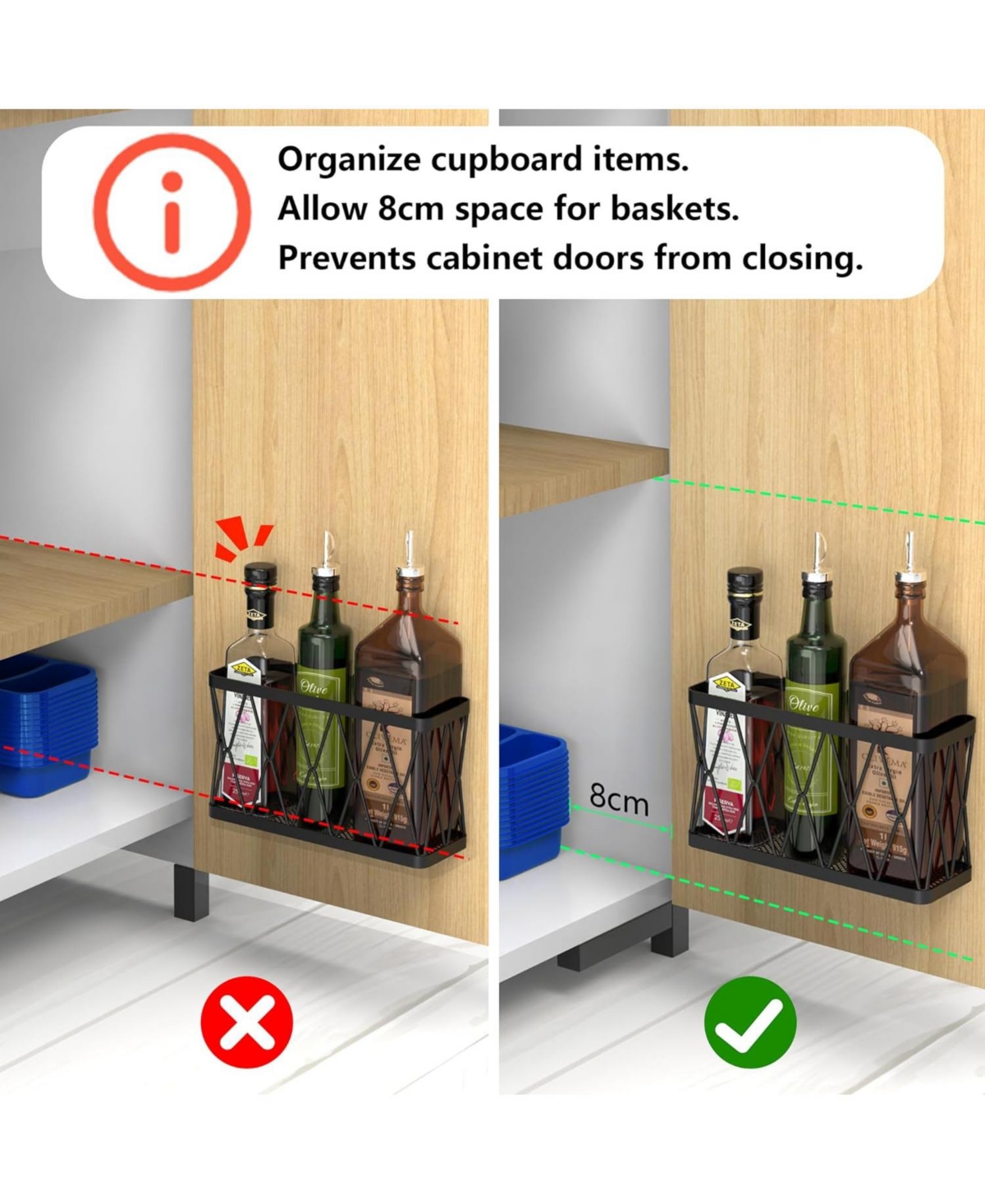 3 Pack Adhesive Cabinet Organizer - Wall Mounted Pantry Door Organizer Bin Holder for Tupperware Lid Kitchen Wall Under Sink Basket Slim Space Black