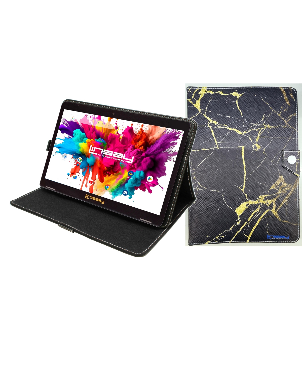Linsay New 10.1" Tablet Octa Core 128GB Bundle with Black and Gold Marble Case Newest Android 14