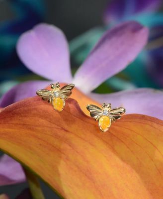  Bee Stud Earrings With Lab-Grown Opal in 14k Gold Plated Sterling Silver