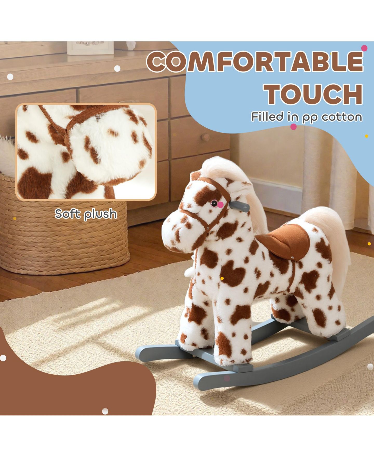 Детская игрушка Qaba Rocking Horse with Interactive Sounds & Rabbit Toy, 28" L, 88 lbs. Capacity, от 1 года, цвет: Коричневый — фото 6