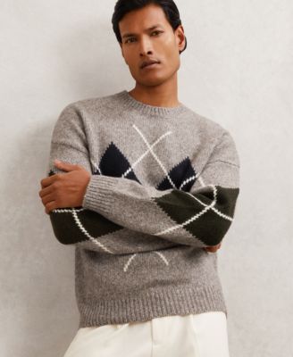 REISS - Men's Wool-Blend Crew-Neck Argyle Sweater