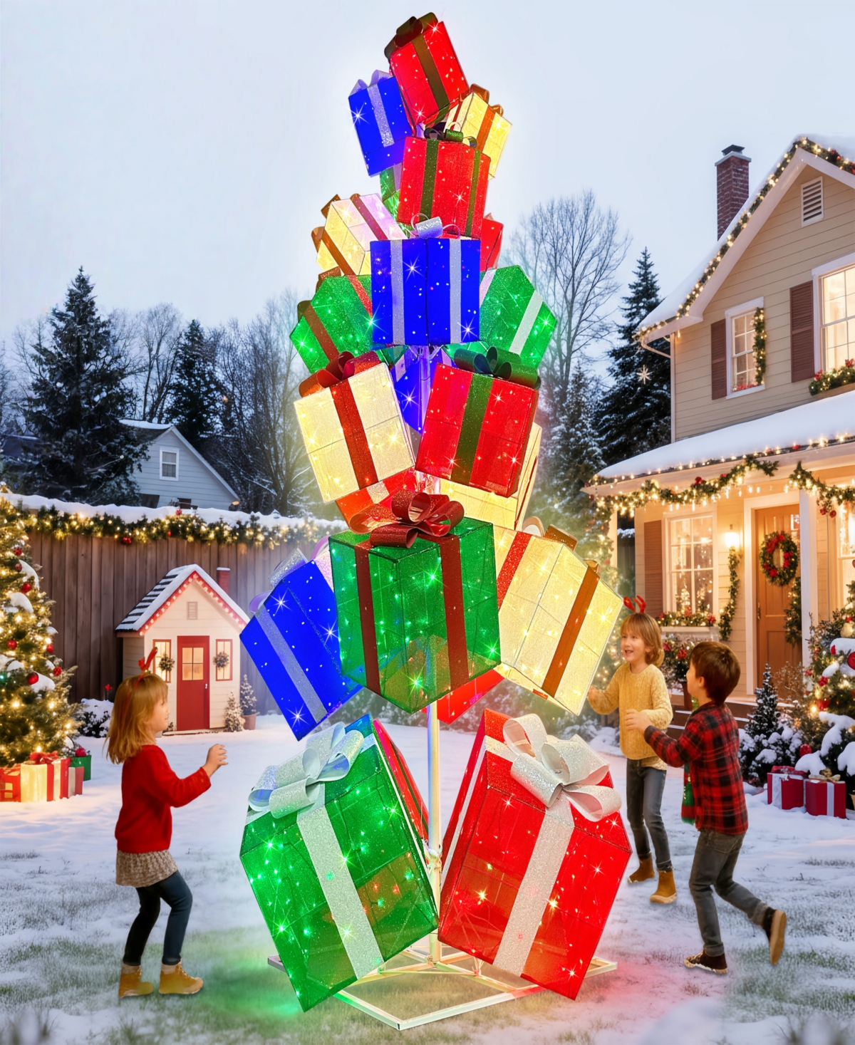 Puleo International 10.8' Pre-Lit Christmas Giftbox Tree Christmas Holiday Decor