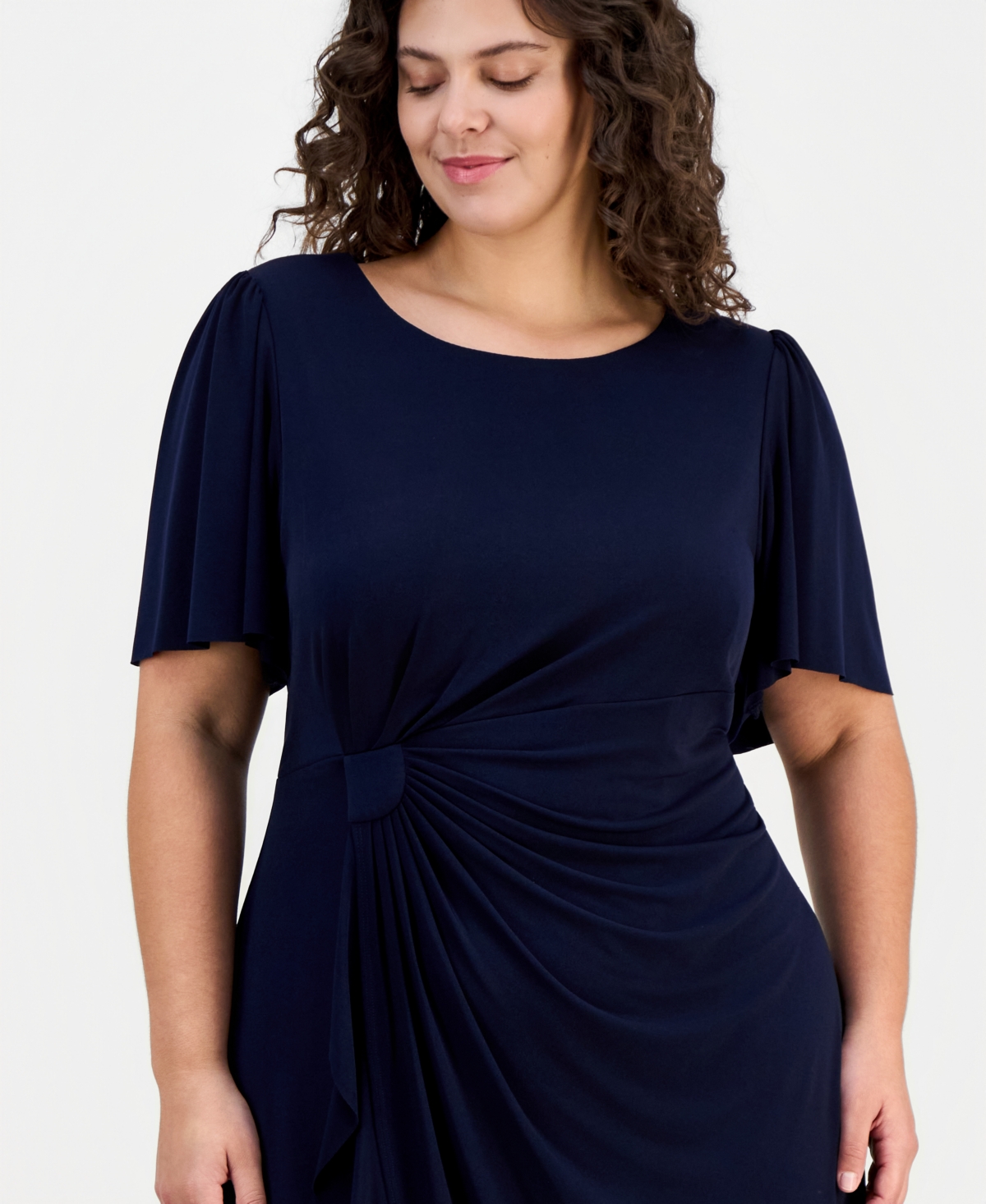 Connected Plus Round-Neck Drape-Front Flutter-Sleeve Dress