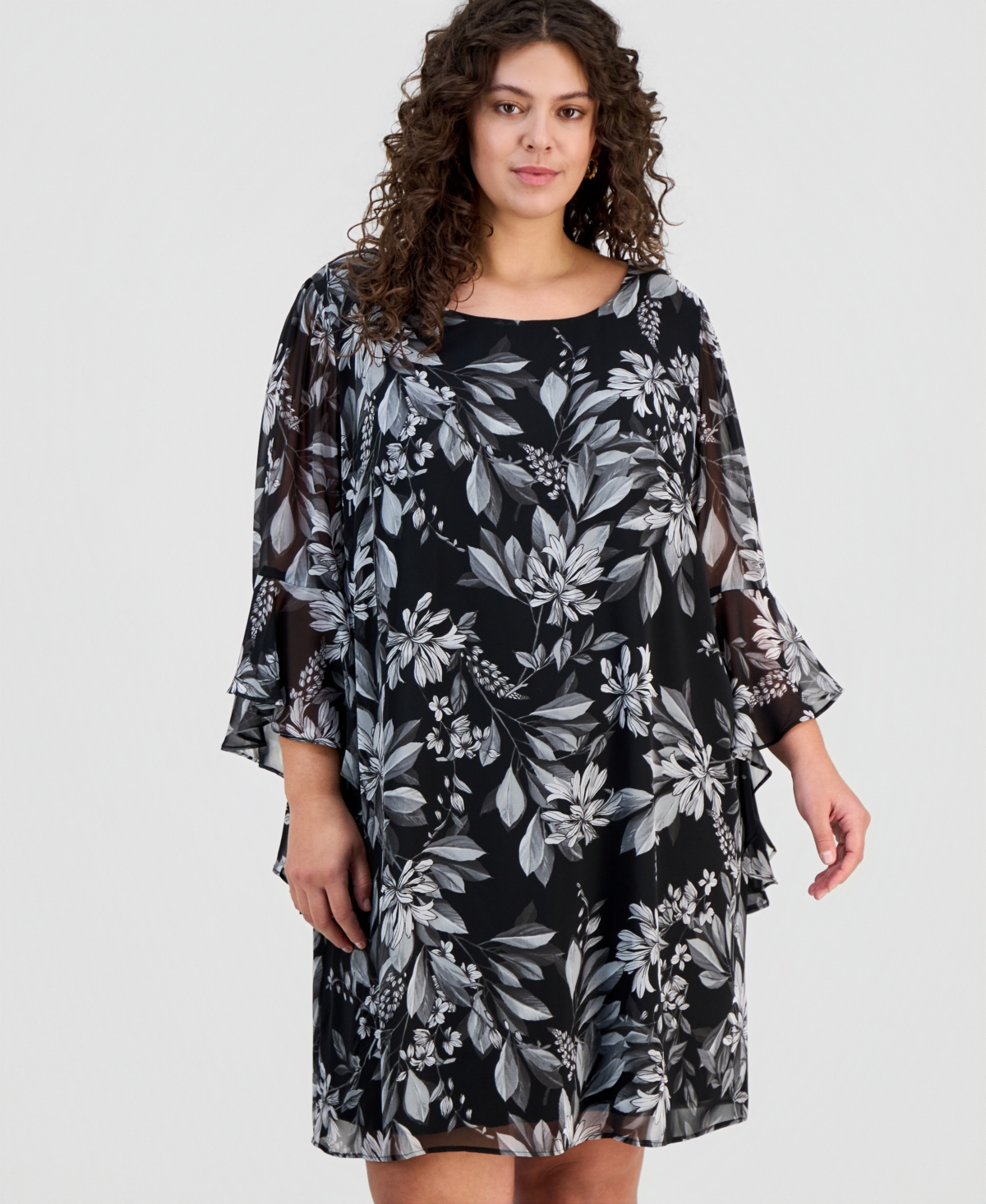 Connected Plus Printed Ruffled-Bell-Sleeve Chiffon Dress