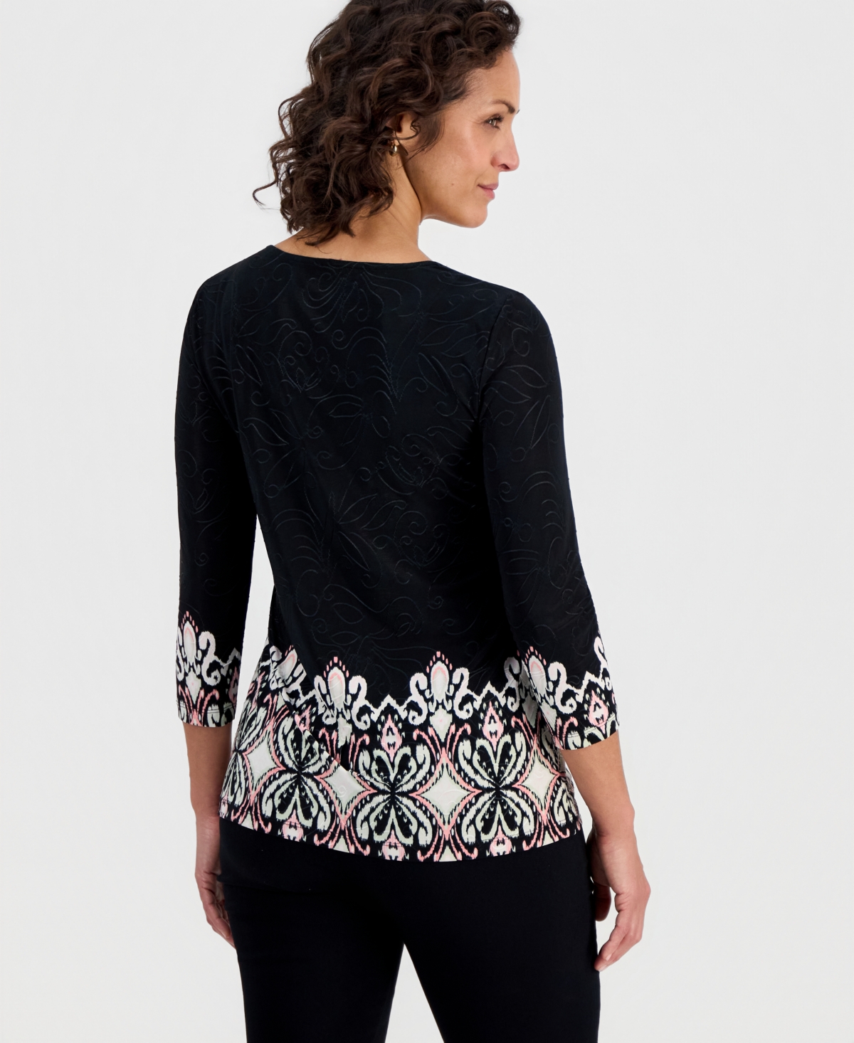 Jm Collection Women's Printed 3/4 Sleeve Scoop-Neck Jacquard Top, Macy's Exclusive