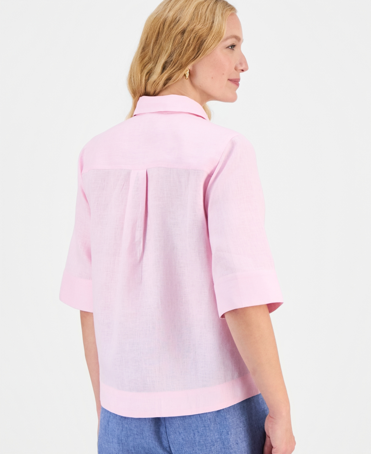 Charter Club Women's 100% Linen Solid Half-placket Elbow-sleeve Blouse, Macy's Exclusive In Pink