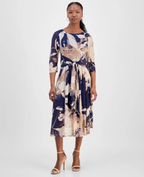 Women's Tie-Front Midi Dress - Navy Multi