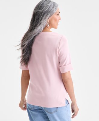 Women's Boat-Neck Elbow Sleeve Cotton Top