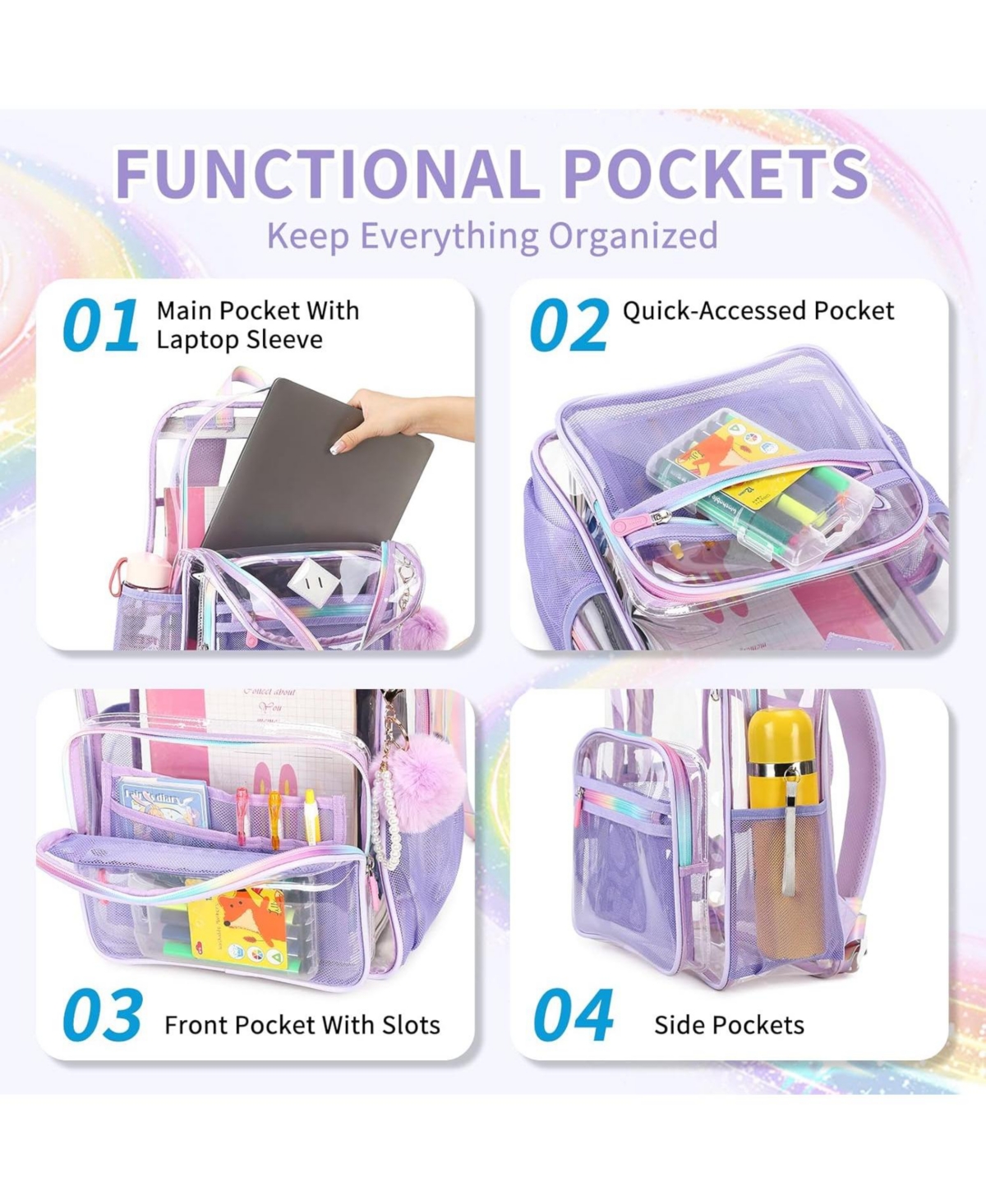 Clear Backpack Heavy Duty Transparent Backpack for School Clear Bags with Wider Straps See Through Plastic Bags Sport Events Concert Stadium-Purple