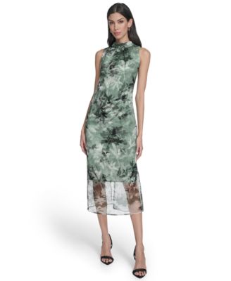 Vince Camuto - Women's Printed Organza Overlay Mock Neck Midi Dress