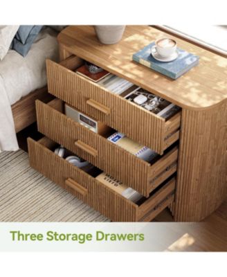 Large Wide Nightstand with 3 Drawers, Mid Century Modern Oversized Bedside Table