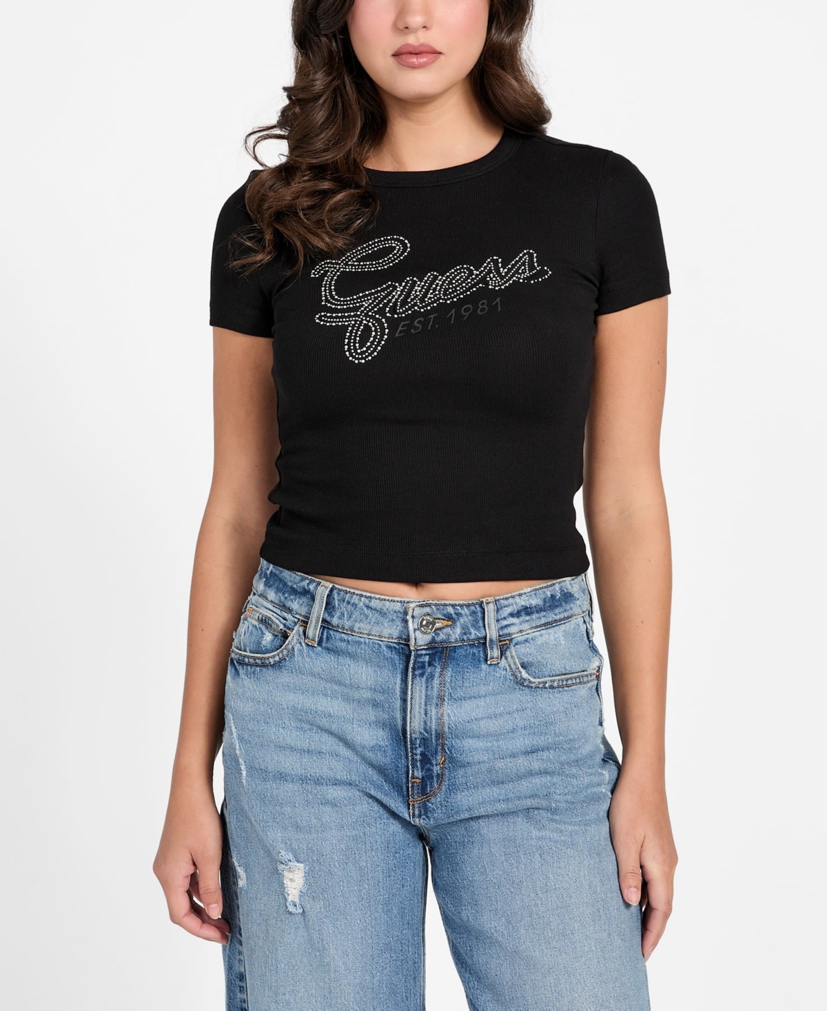 Guess Women's Studded Script Logo Crewneck T-Shirt