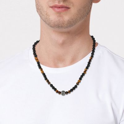 Men&acirc;€™s Lava Rock & Tiger Eye Beaded Necklace, 22''