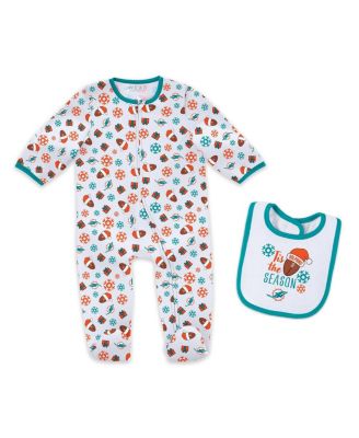 WEAR by Erin Andrews - Baby Boys and Girls Newborn 2-Piece Miami Dolphins Holiday Full-Zip Sleeper and Bib Set
