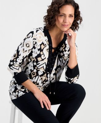 Women's Lace-Up 3/4-Sleeve Printed Top, Created for Macy's