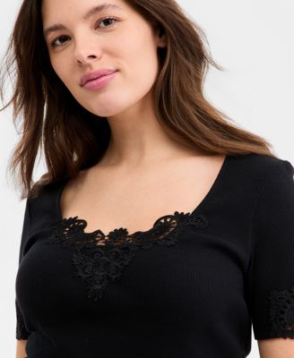 Women's Knit Short-Sleeve Lace-Inset Top