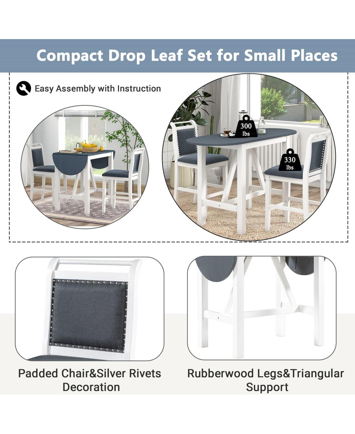 Maison Boucle 3-Piece Drop Leaf Counter Height Dining Set for Small Spaces, White and Navy Kitchen Table with 2 Upholstered Bar Chairs