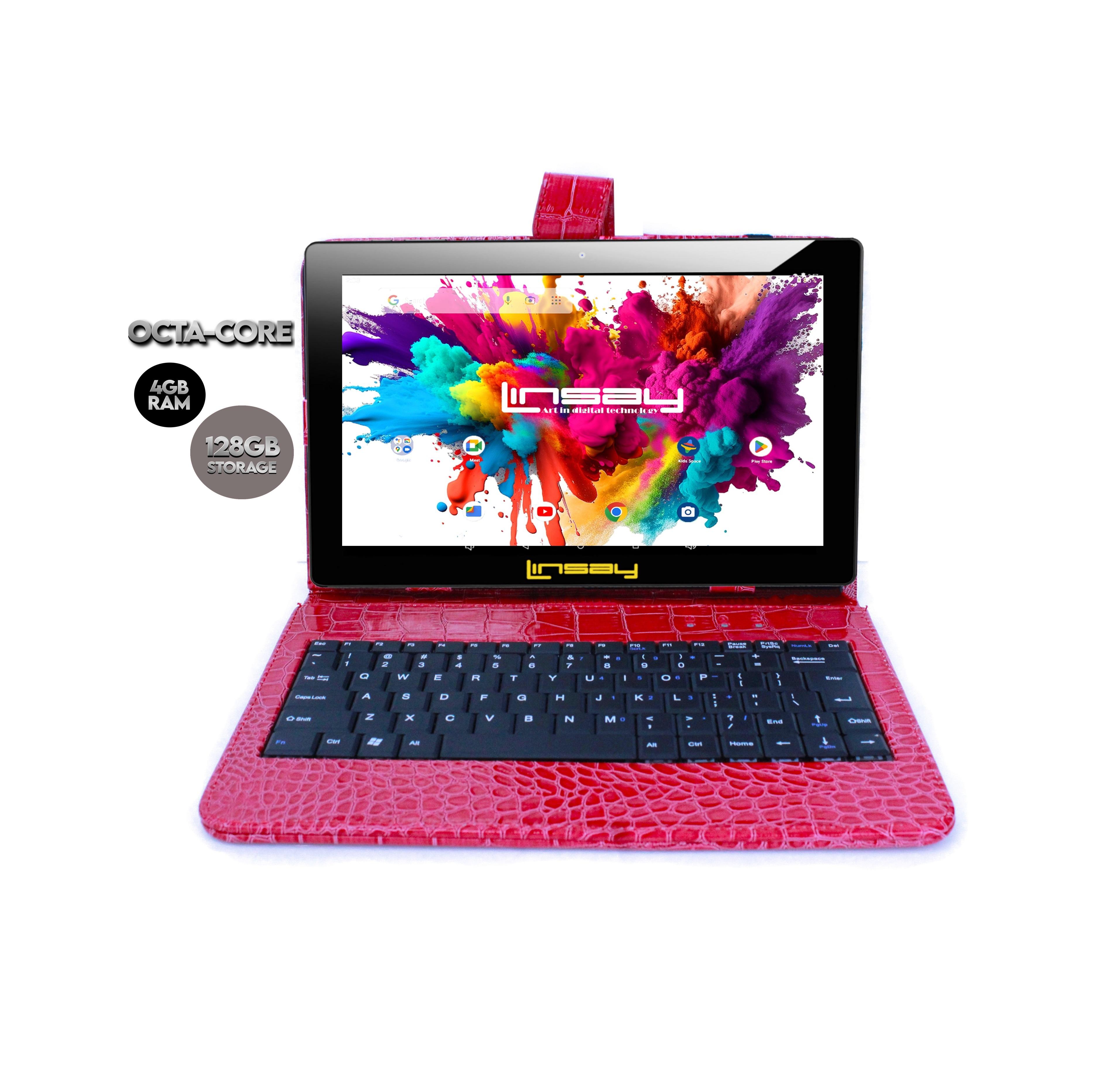 New Linsay 10.1" Tablet Octa Core 128GB with Exclusive Luxury Red Crocodile Style Keyboard Newest Android 14