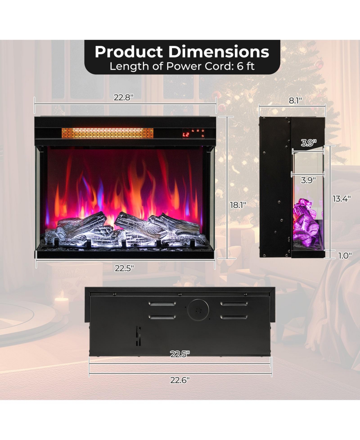 Sugift 23 Inch 3-Sided Electric Fireplace 1500W Recessed Fireplace Insert