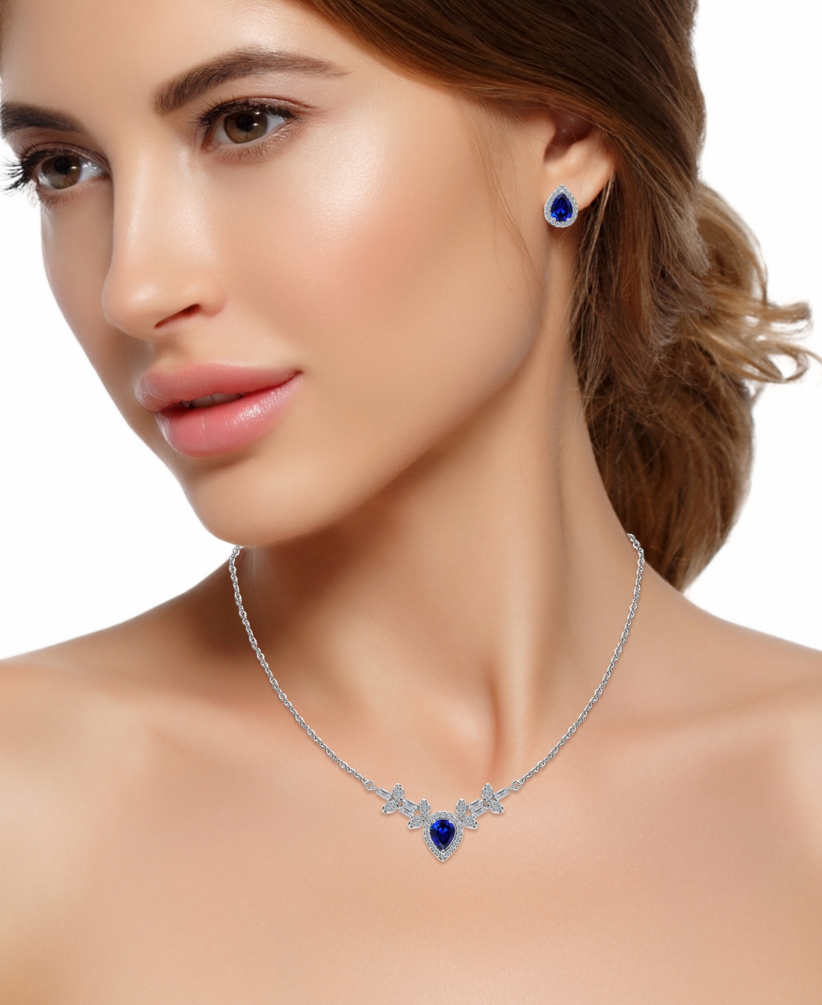 Christian Siriano New York Gold Plated Baguette Cubic Zirconia Frontal Necklace And Earrings Set In Blue