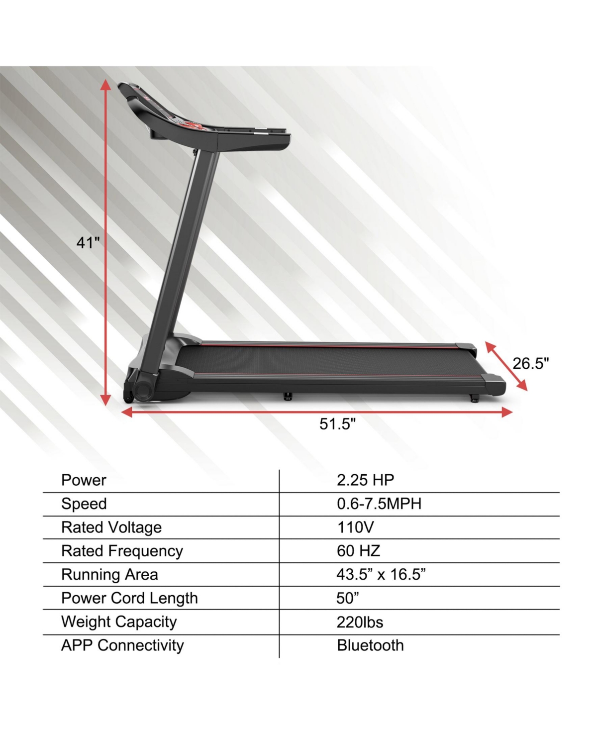 Sugift 2.25HP Electric Running Machine Treadmill with Speaker and App Control-Red