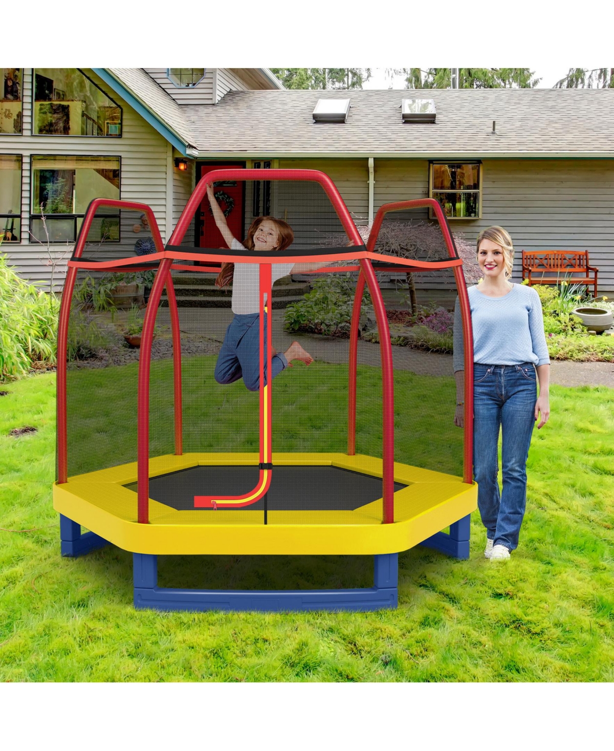 Sugift 7 Feet Kids Recreational Bounce Jumper Trampoline-Red