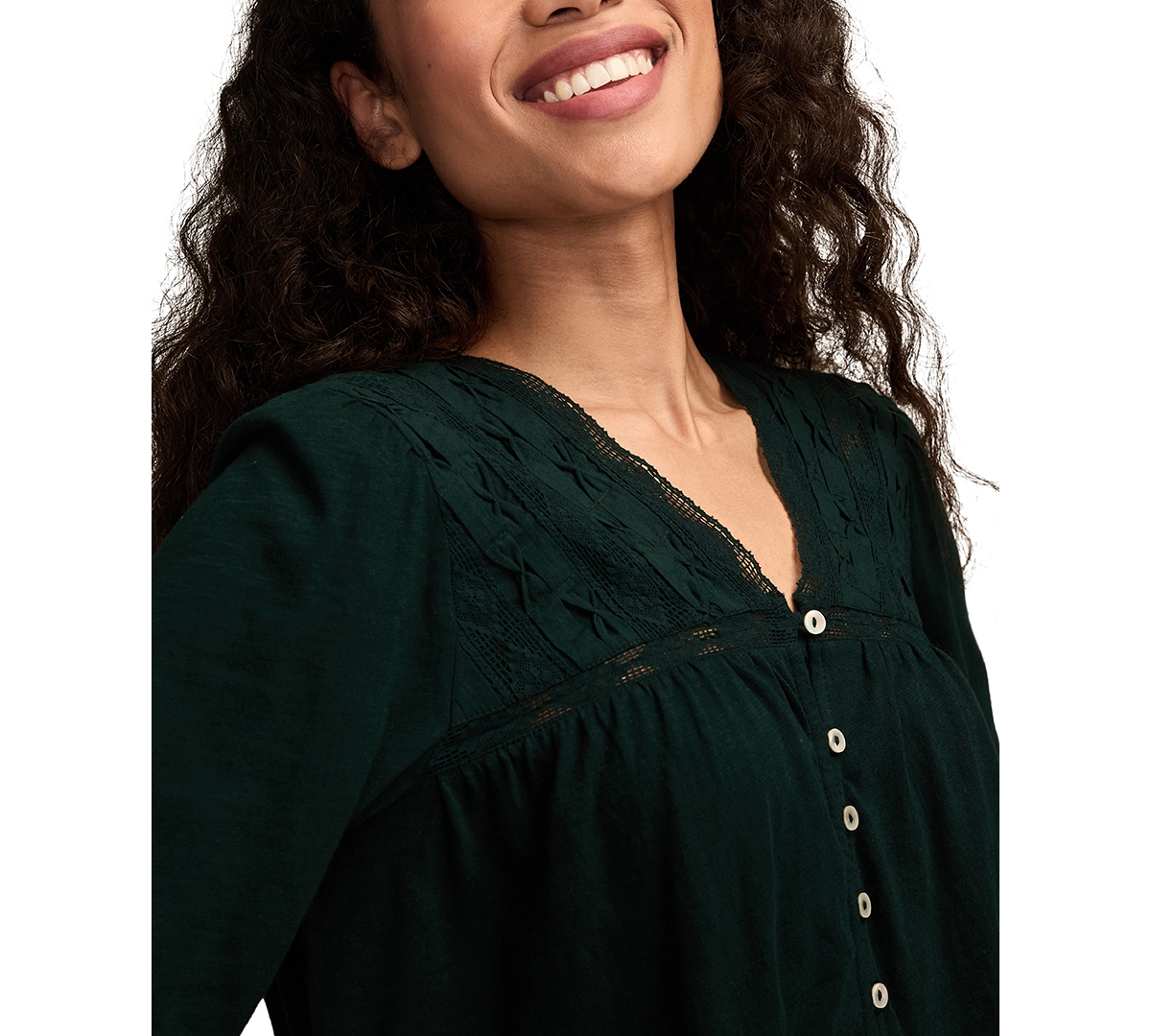 Lucky Brand Women's Lace Yoke Peasant V-neck Top In Green