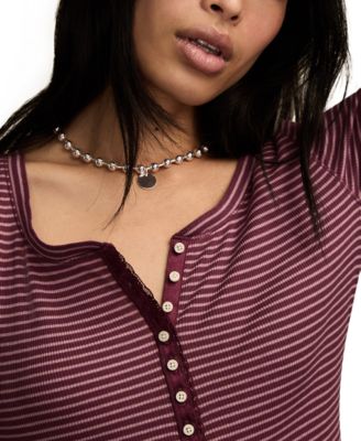 Women's Crew Neck Long-Sleeve Rib Henley Top