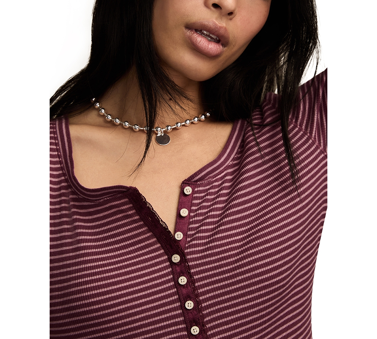 Lucky Brand Women's Crewneck Long-sleeve Rib Henley Top In Brown