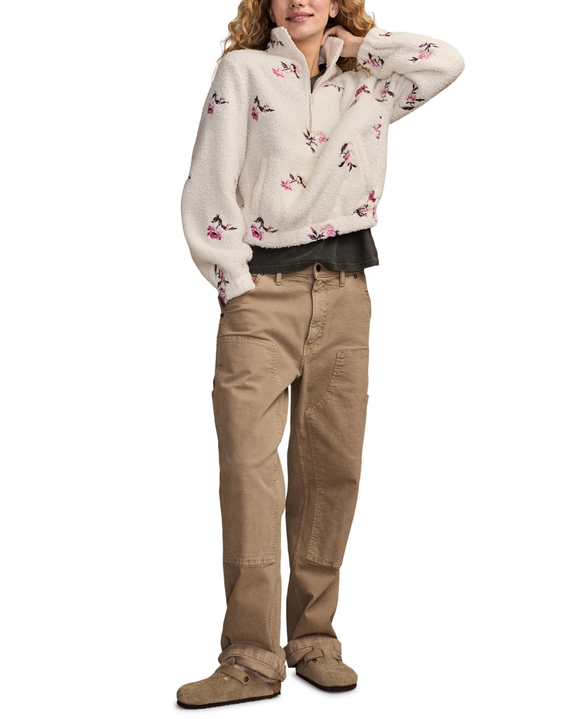 Lucky Brand High Pile Half Zip Top In Gray